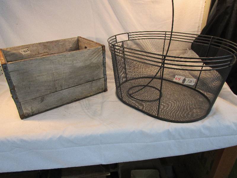lot 64 image: Old Wood Box, Wire Basket and Candle Sconce and Holder