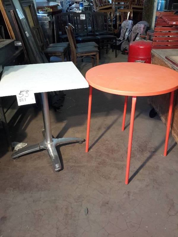 lot 53 image: 2 tables.. 29 in h x 30 in x 30in and 30 in diameter