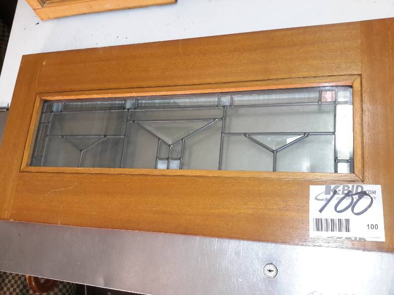 lot 100 image: Frosted and Stained glass window sash with leaded dividers