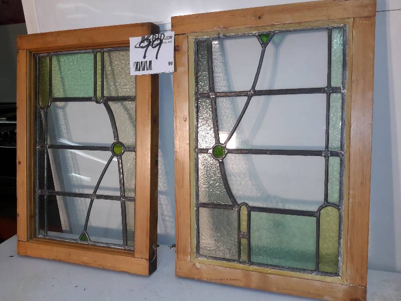 lot 99 image: 2 matching window sashes with frosted and stained glass and leaded dividers