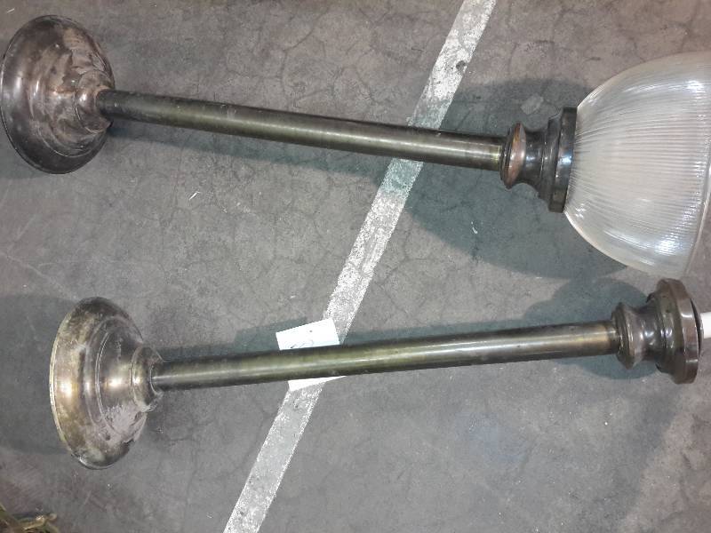 lot 109 image: 2,  vintage long post hanging light fixtures.. Only one globe cover