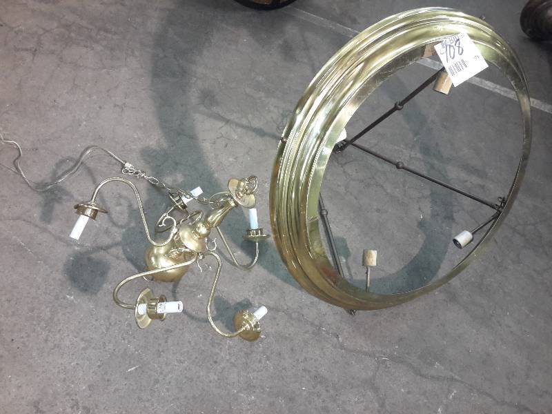 lot 108 image: Brass Hanging Light fixture frame.. No glass  Brass candle type chandelier