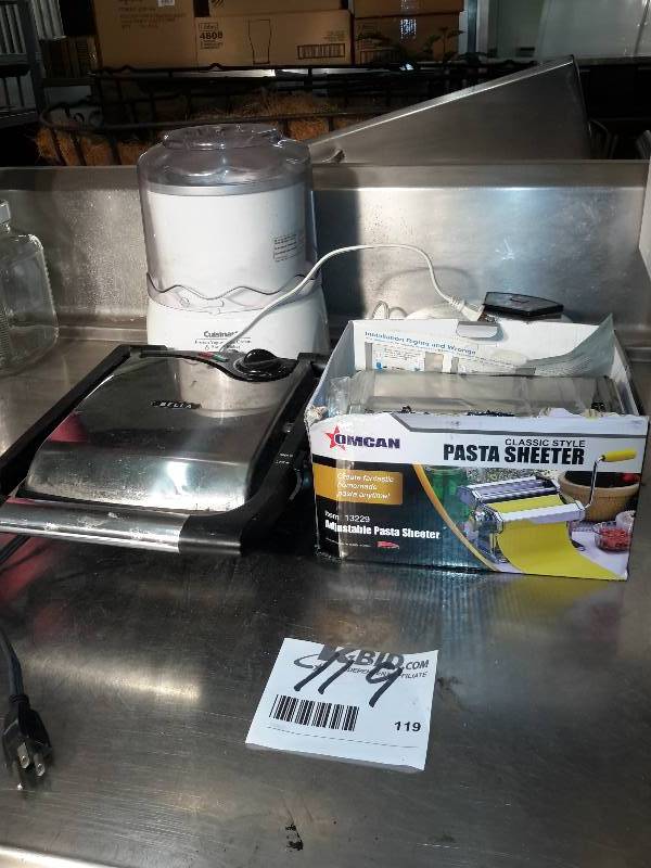 lot 119 image: Misc. Electrical Appliances.  Waffle Irons, Electric Ice Cream Maker, Pasta Sheeter