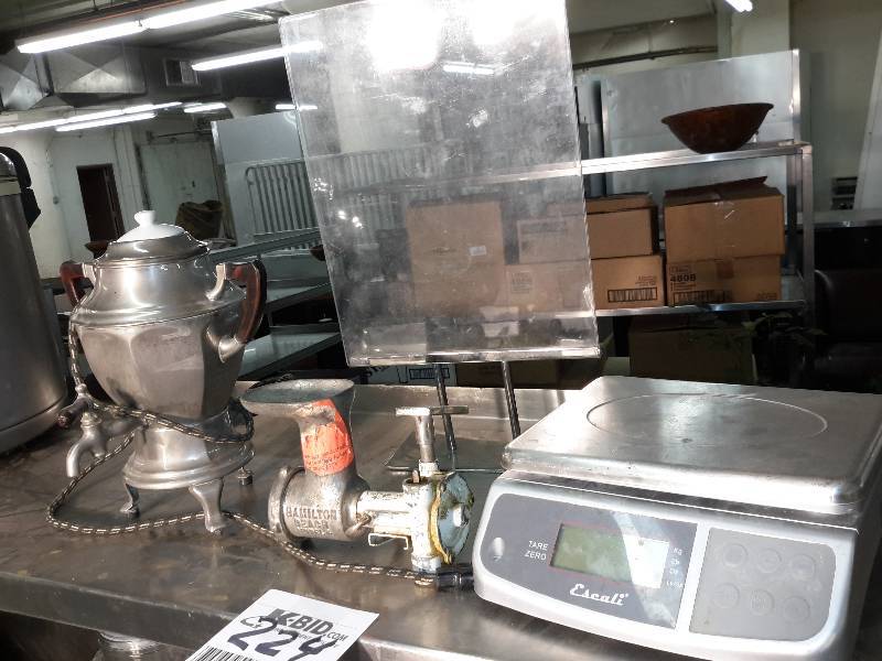 lot 224 image: Vintage Electric hot pot (tested and works) Food Scale Grinder Attachment, Acrylic Sign board