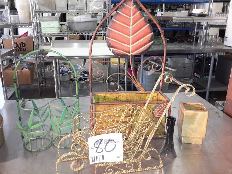 lot 80 image: Misc. Decorative Metal pieces. 2 glass vases.. .. Wine Rack