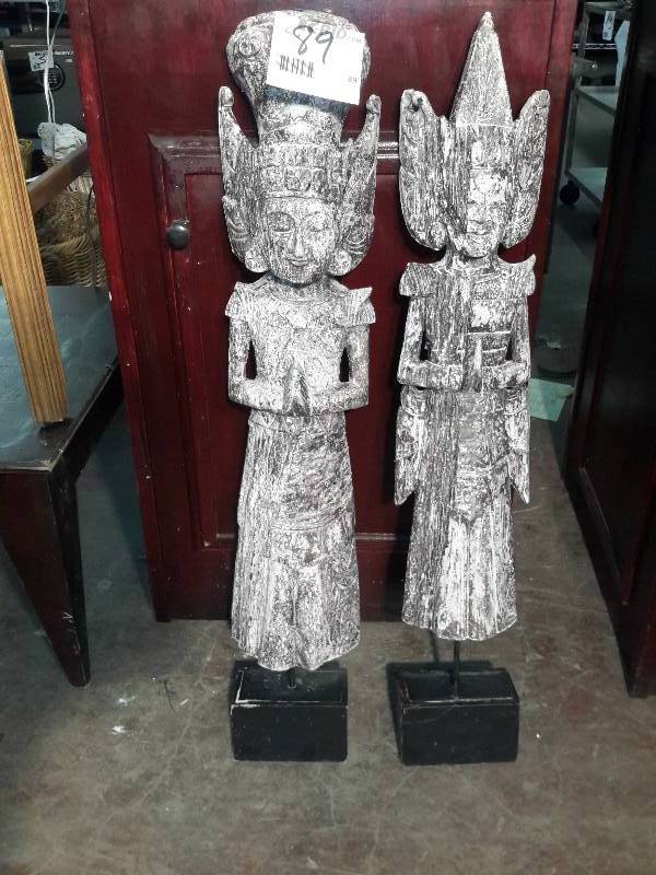 lot 89 image: 2 wood angel statues, asian theme.  Each 41 in tall