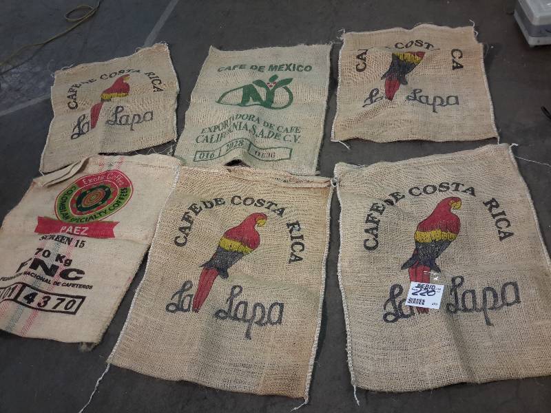 lot 220 image: 6 Burlap Coffee Bean Bags.. Themed per producer