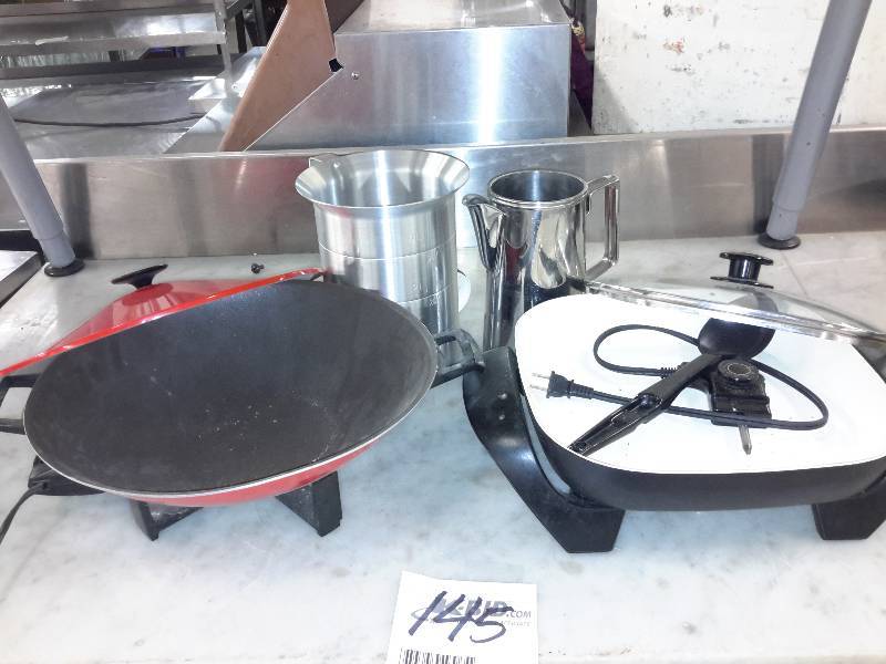 lot 145 image: Electric Wok Electric Fry Pan  Aluminum Gallon Measure Stainless pitcher