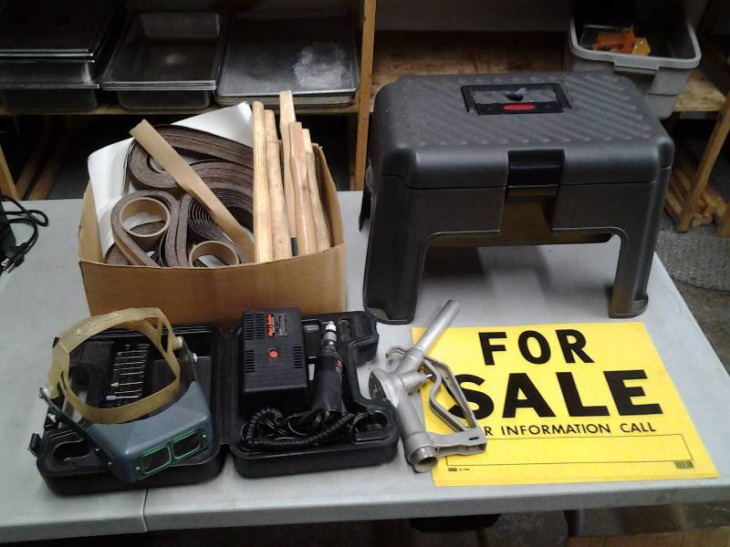 lot 18 image: Tool Box, Black & Decker Rotary Tool, Sand Paper Belts, Hammer Handles
