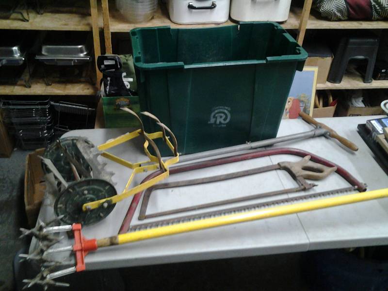 lot 33 image: Vintage Garden Cultivator, Craftsman Weed Weezler, Large Bow Saw, & Bone Saw
