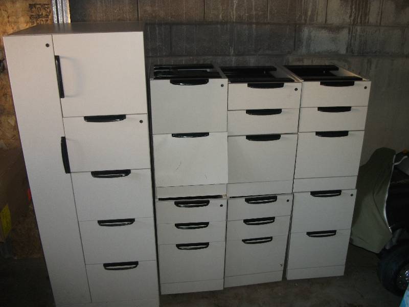 lot 10 image: Assorted File Cabinets, Locker, Desk Tops