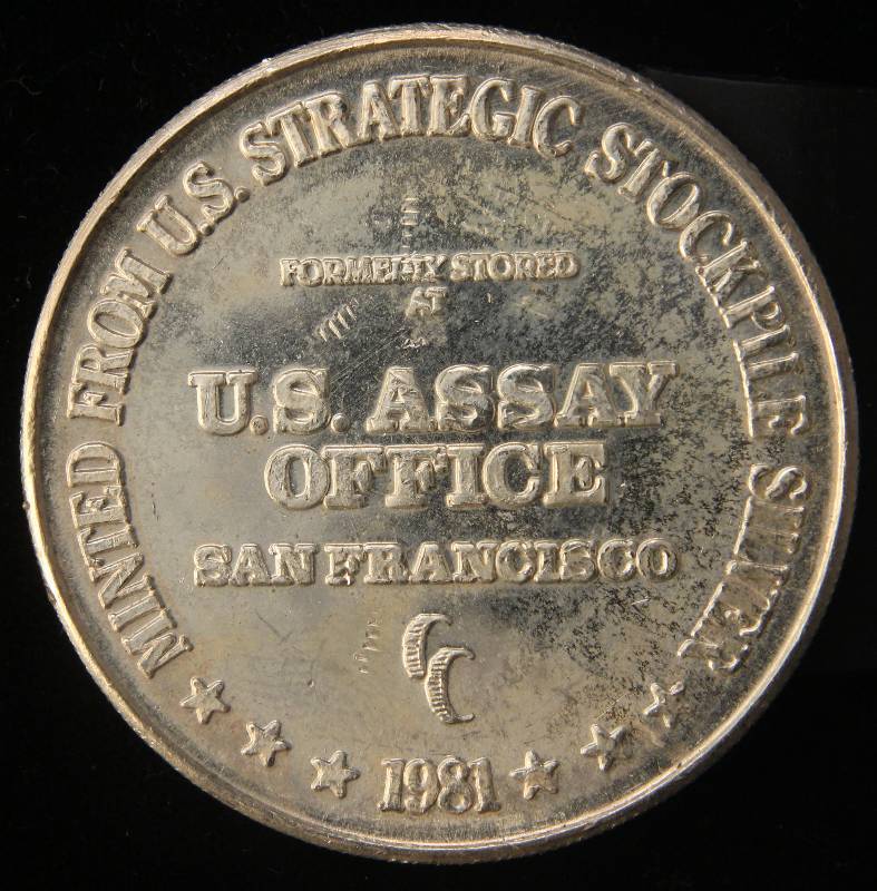 lot 14 image: PRE AMERICAN SILVER EAGLE 1 TROY OZ. .999 FINE SILVER ROUND MINTED FROM STRATEGIC STOCKPILE OF SILVER STORED AT US ASSAY OFFICE SAN FRANCISCO 1981