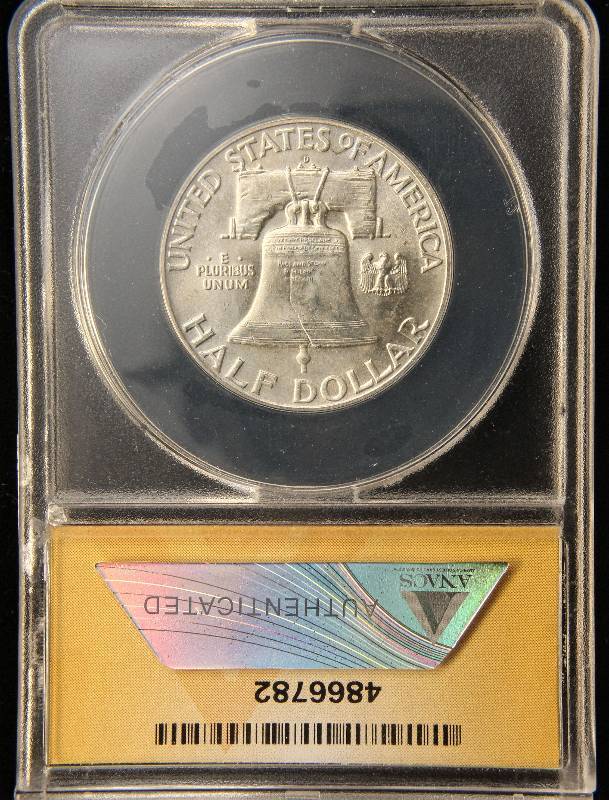lot 51 image: 1949-D FRANKLIN SILVER HALF DOLLAR MS63FBL FULL BELL LINES ANACS