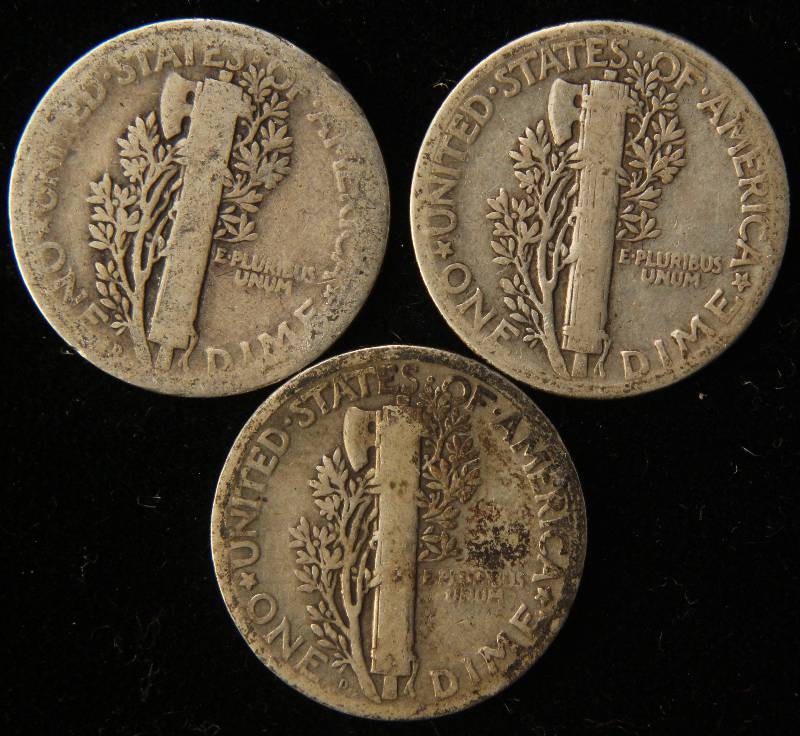 lot 57 image: 3 SILVER DIMES 1924-D, 1925-D, 1931