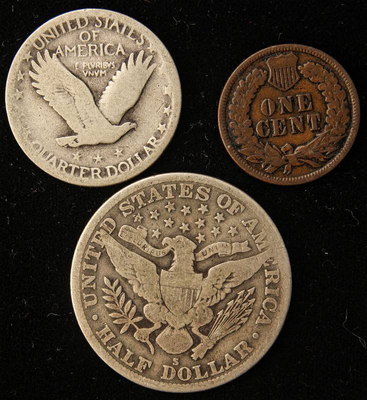 lot 79 image: 1915-S BARBER HALF, 1926 STANDING 25C, 1898 INDIAN CENT