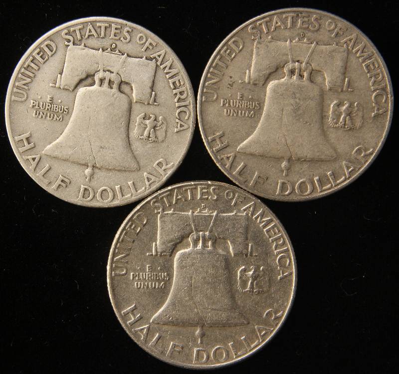 lot 80 image: 3 SILVER HALF DOLLARS 1951-D, 1958-D, 1962-D