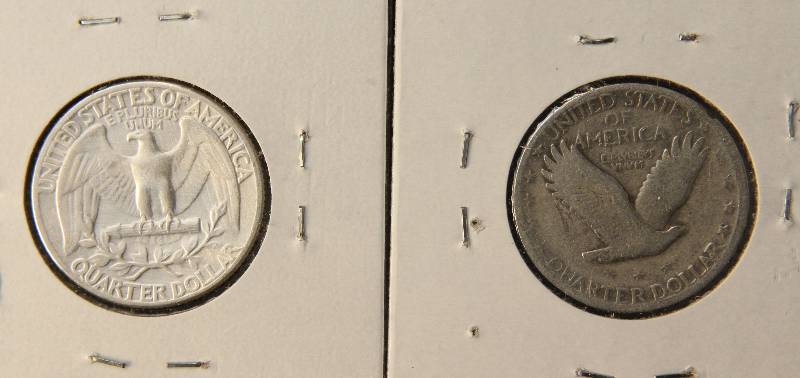 lot 94 image: 2 SILVER QUARTERS 1928 STANDING LIBERTY, 1938 WASHINGTON
