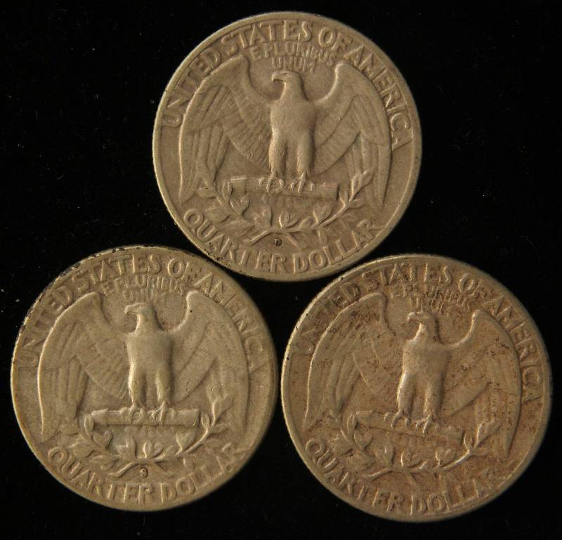 lot 102 image: 3 SILVER WASHINGTON QUARTERS  1952, 1952-D, 1952-S
