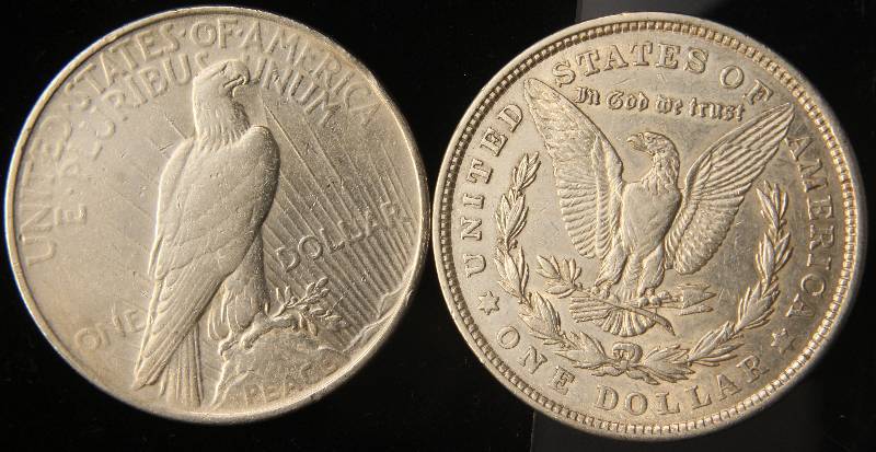 lot 107 image: 2 SILVER DOLLARS 1921 MORGAN AU, 1922 PEACE XF