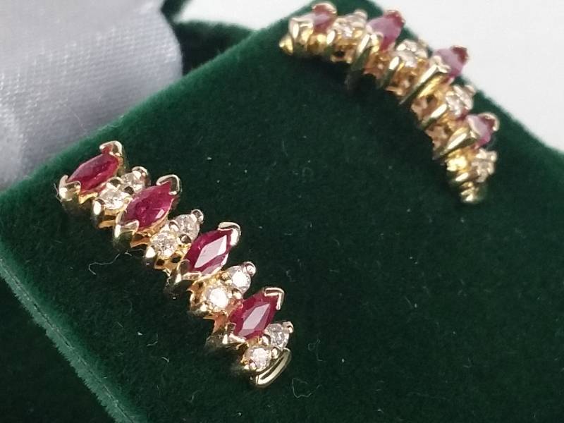 Ladies Genuine Ruby amd Diamond Earrings in Yellow Gold