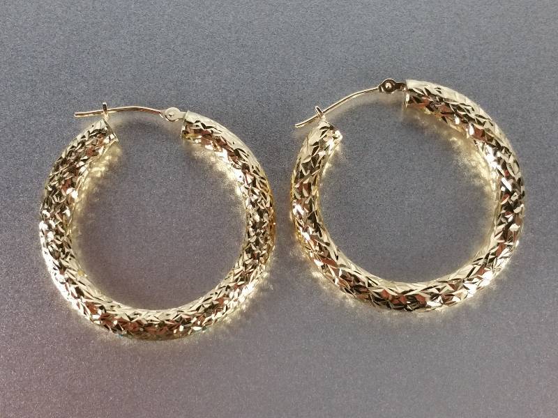 Ladies Designer 14kt Gold Hoop Earrings (one with some slight damage, see photos)