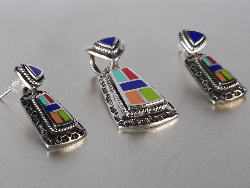 Bold Inlayed Sterling Silver Pendant and Matching Earring Set