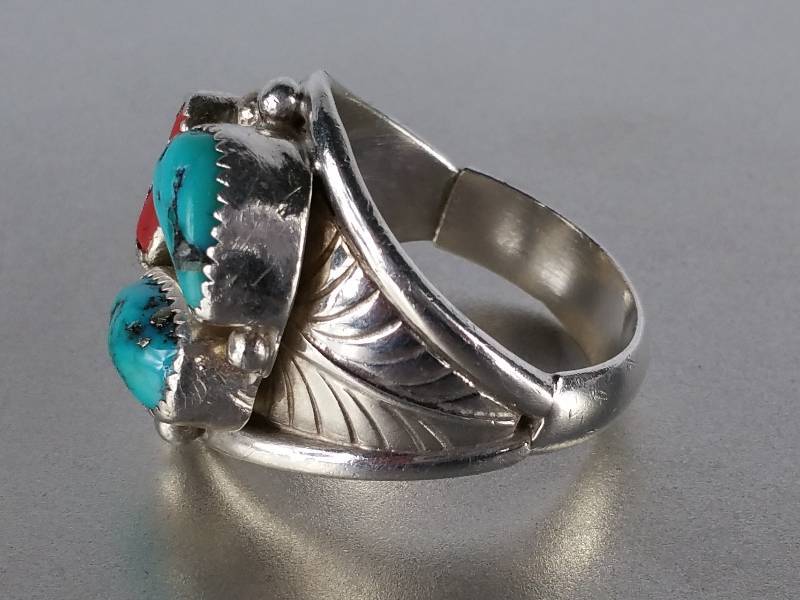 High Quality Turquoise and Coral Sterling Silver Southwest Ring - Very Nice  Vintage