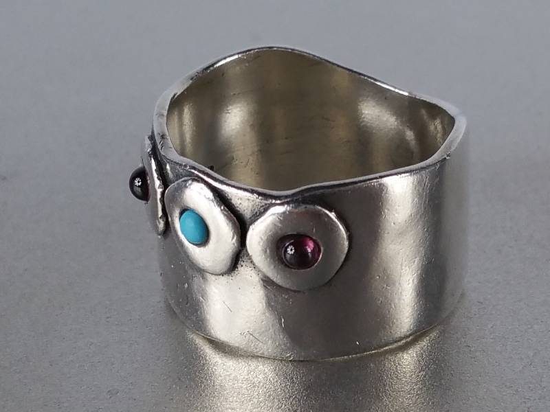 Vintage Hand Crafted Turquoise and Coral Sterling Silver Ring - Very Well Done