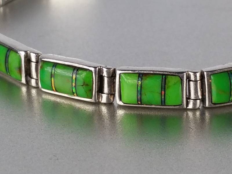 $550 Retail.  Rare Inlayed Green Turquoise and Black Boulder Opal Mother of Pearl Sterling Silver Bracelet - Amazing Craftsmanship and a Great Look