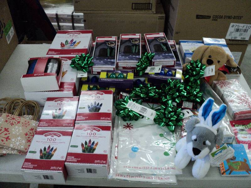 Christmas lights and bags and table...