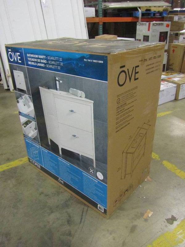 lot 58 image: OVE Decors Scarlett 32 in. W Vanity in White with Ceramic Vanity Top in White with White Basin