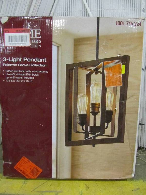 lot 62 image: Home Decorators Collection Palermo Grove Collection 3-Light Gilded Iron Pendant