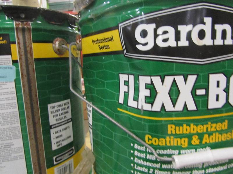 lot 89 image: Gardner 4.75 Gal. Flexx-Bond Rubberized Roof Coating and MB Adhesive (x4)