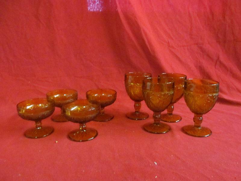 Vintage amber stemmed goblets, sundae dishes