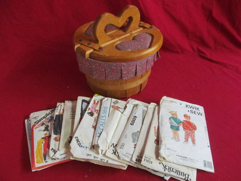 vintage patterns, sewing basket