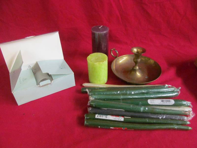 Brass candle holder, candles,