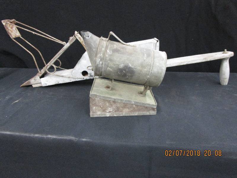 lot 44 image: Vintage Bee Fogger Smoker BeehiveHoney Primitive Tool Leather Billow metal Wood and Vintage Garden Planter