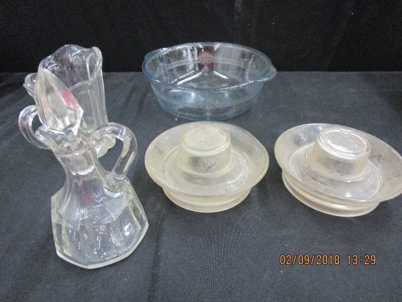 lot 76 image: 2 Chicken Waterers, Light Blue Bowl Depression and Various Glassware
