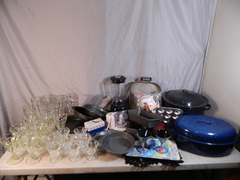 lot 91 image: Pans, Sundae Cups, Malt Glasses, Blender, Etc