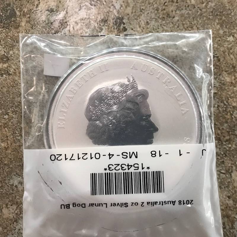 lot 7 image: 2018 2 oz Silver Australian Lunar Year of the Dog BU