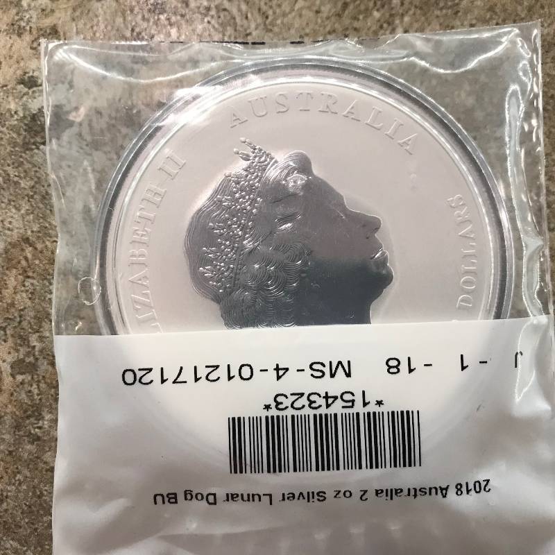 lot 8 image: 2018 2 oz Silver Australian Lunar Year of the Dog BU