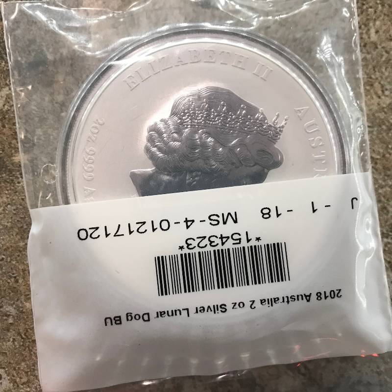 lot 9 image: 2018 2 oz Silver Australian Lunar Year of the Dog BU