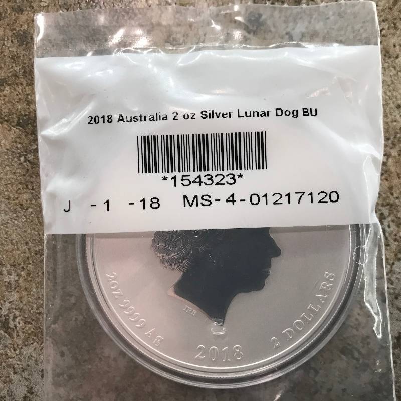 lot 10 image: 2018 2 oz Silver Australian Lunar Year of the Dog BU