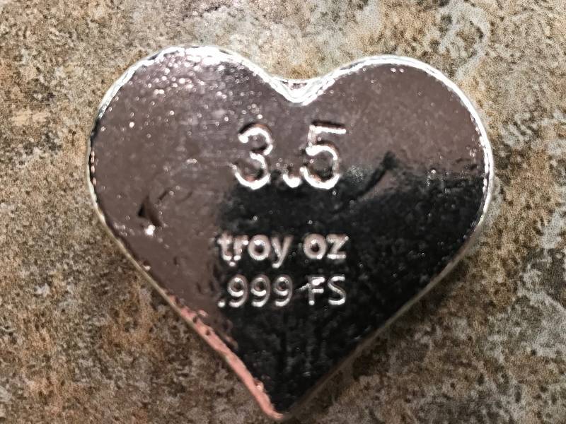 lot 213 image: Bunker Bullion Heart 3.5 oz. Poured .999 Fine Silver