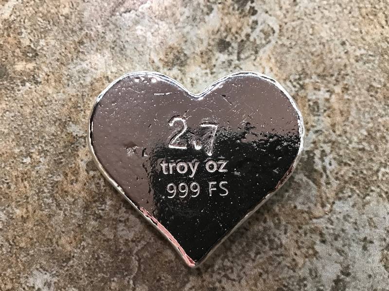 lot 215 image: Bunker Bullion Heart 2.7 oz. Poured .999 Fine Silver
