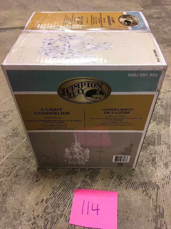 Hampton Bay 3 Light Chandelier White Finish New