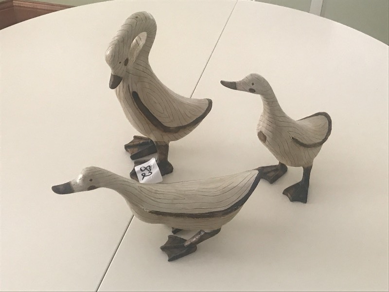 lot 82 image: Set Of (3) Hand-Carved Wooden Swans...