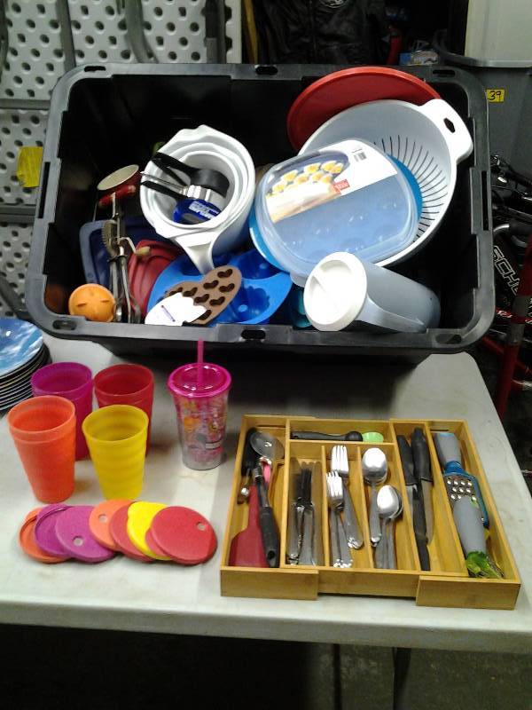 lot 29 image: Large Tote Full Of Kitchen Wares, Flat Ware, Cups, Bowls, Measure, Utensils, More.