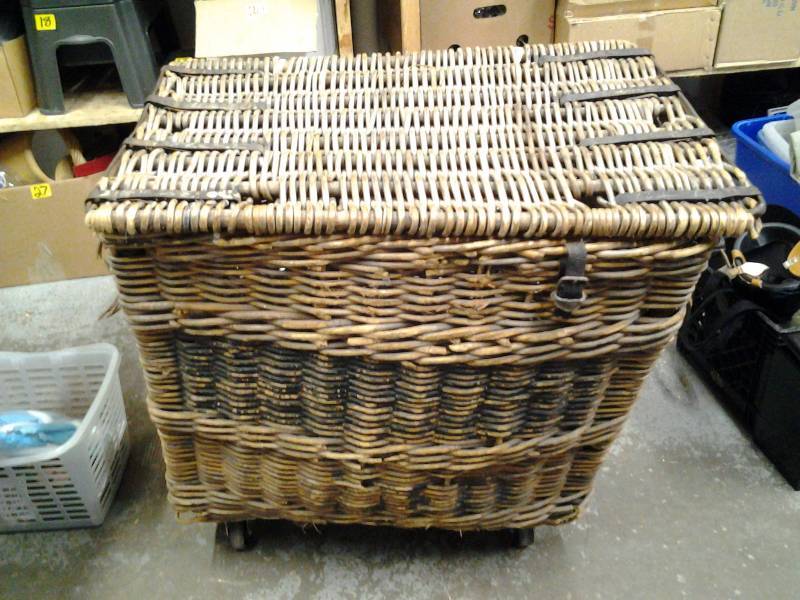 lot 40 image: Vintage Chinese Wicker Laundry Hamper On Casters