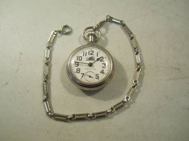 lot 21 image: Westclox Train Pocket Watch with Ch...